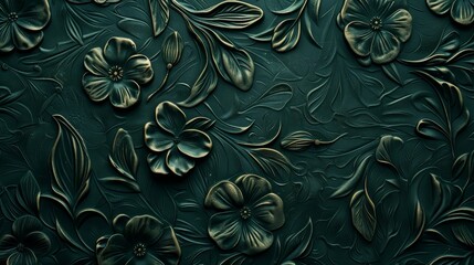 Intricate floral designs embossed on a dark green textured wall, exuding elegance and depth