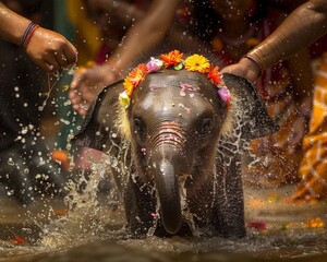 An elephant calf reveling in the Songkran festivities