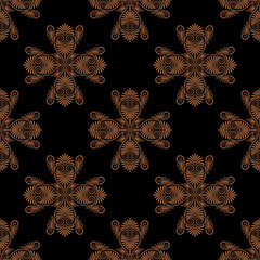 Seamless ethnic geometrical pattern with ancient Greek cross shape spiral palmette motifs. Orange brown silhouettes on black background.