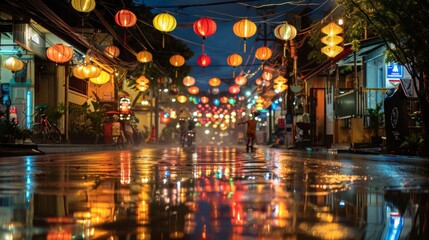 Streets come alive at night with lanterns and lights - obrazy, fototapety, plakaty