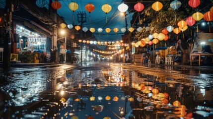 Streets come alive at night with lanterns and lights - obrazy, fototapety, plakaty