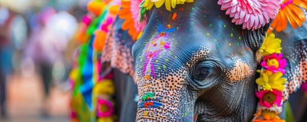 Obraz premium The enchanting sight of a young elephant adorned with colorful Songkran decorations