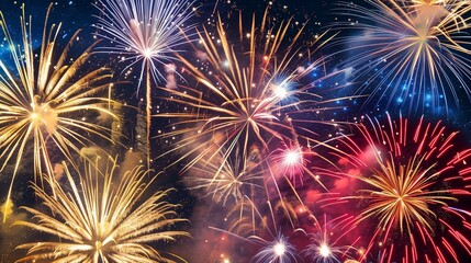 Create a spectacular image portraying a vibrant display of fireworks against the backdrop of a starry New Year's Eve sky in nature. 