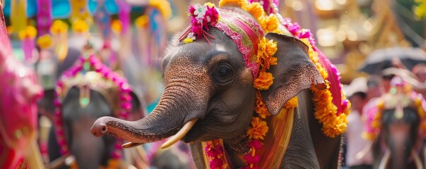 The enchanting sight of a young elephant adorned with colorful Songkran decorations