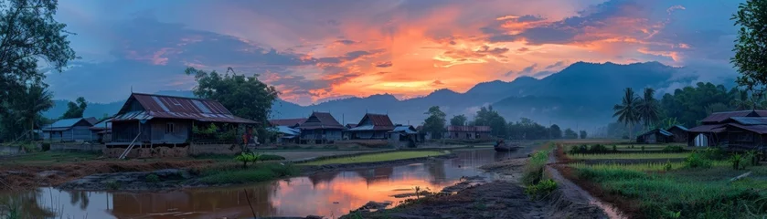 Fotobehang The glow of dawn breaking over a quiet village © WARIT_S