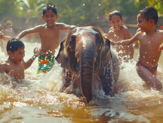 The infectious laughter of children as they engage in a water battle with a young elephant