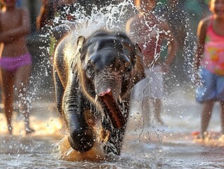 The joyful echo of laughter as a young elephant splashes water