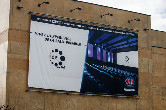 France, 10 March 2024: Movie Theater Advertisement Banner on Building Wall.