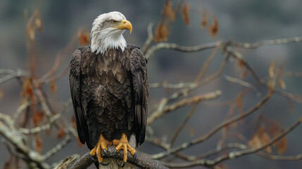 Obraz premium Portrait of majestic American bald eagle perched on branch, symbolizing wildlife in USA