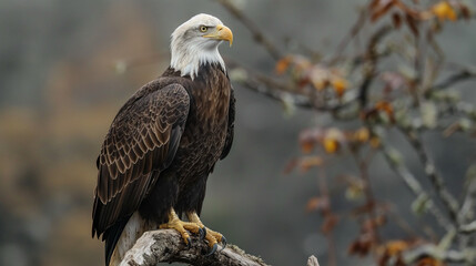 Portrait of majestic American bald eagle perched on branch, symbolizing wildlife in USA
