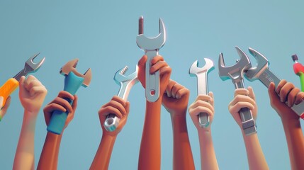 3d illustration of hands hold kinds of working tools in plain background. As worker day background. Happy labor day and international workers day. - obrazy, fototapety, plakaty