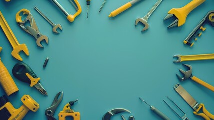Plain background with worker tools frame. Happy labor day and international workers day. - obrazy, fototapety, plakaty