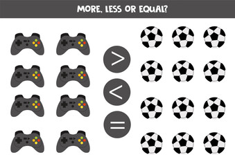 Grater, less or equal with cute cartoon joysticks and football balls.