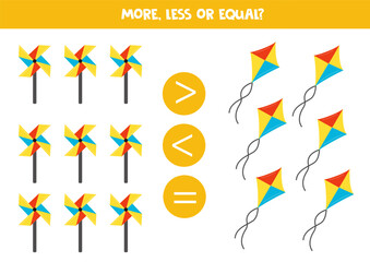 Grater, less or equal with cute cartoon kites and pinwheels.
