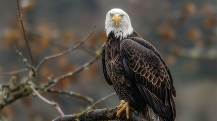 Naklejka premium Portrait of majestic American bald eagle perched on branch, symbolizing wildlife in USA