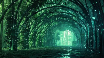 The Enchanted Cybernetic Steel Forest with Green Artificial Leaves 
