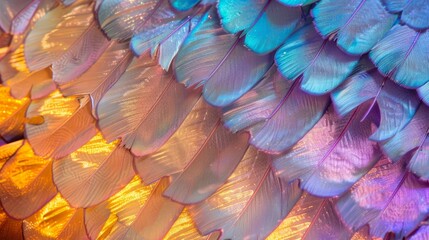 Close-up view of vibrant butterfly wing texture feathers adorning a wall. Wallpaper. Background.