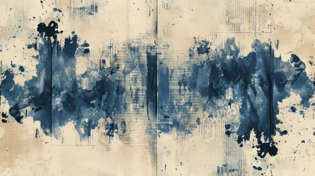 A painting of blue and white paint on a wall, blending in with vintage newspaper background