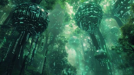Create an image of a cybernetic forest where trees 
 - obrazy, fototapety, plakaty