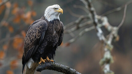 Fototapeta premium Portrait of majestic American bald eagle perched on branch, symbolizing wildlife in USA
