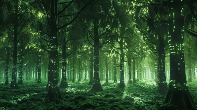 Create an image of a cybernetic forest where trees 
