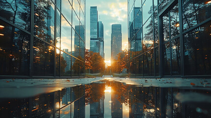 Reflective skyscrapers, business office buildings-AI generated image