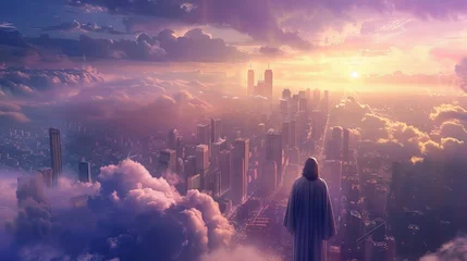 Deurstickers Man standing on cloud-covered city © nazariykarkhut
