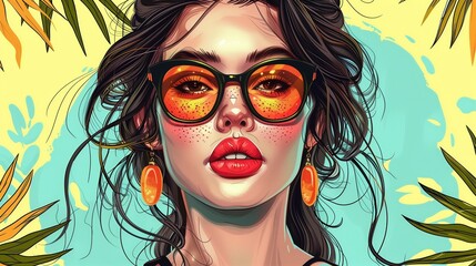 Create a stylish and fashionable illustration of a beautiful young woman in sunglasses. 