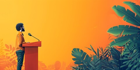 Charismatic Orator Inspiring Change with Powerful Words on an Orange Tropical Stage - obrazy, fototapety, plakaty
