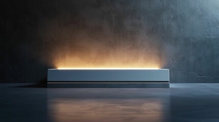The sleek and minimalist design of the D rendered product platform showcased in a dramatic moody studio setting with a bright spotlight illumination