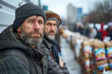 Portrait of a bearded man with a stern look, wearing a winter hat, with people queued in the background.