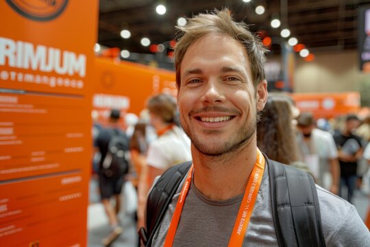 A cheerful man at an event with an orange backdrop smiling at the camera.