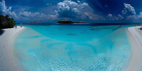 A beautiful blue ocean with a sandy beach - obrazy, fototapety, plakaty