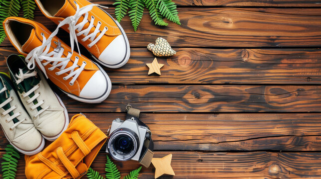 A pair of orange Converse sneakers are on a wooden surface with a camera