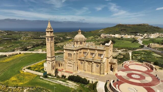 Drone of the Basilica of the Blessed Virgin of Ta' Pinu with agricultural fields in Gharb, Malta