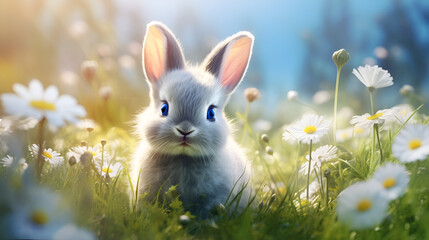 Heartwarming Adventures of a Bright and Cute Rabbit Pet Mammal, Immersed in a Wonderland of Flowers in Full Bloom