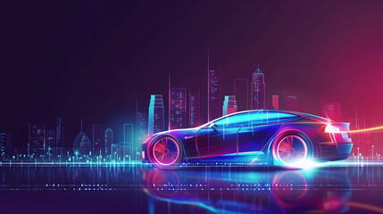 A car is driving down a road in a city at night. The city is lit up with neon lights, creating a vibrant and energetic atmosphere. The car is the main focus of the image, and it is moving quickly - obrazy, fototapety, plakaty