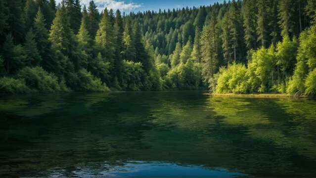 beautiful natural landscape in forest with lake flowing amidst forest and trees