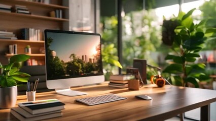 A warm and inviting home office space bathed in natural light with a beautiful view of an empty workplace with computers and equipment on the table.