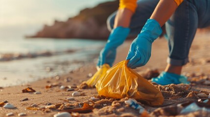 Individual participating in a beach cleanup, collecting trash in a yellow bag with blue gloves. - obrazy, fototapety, plakaty