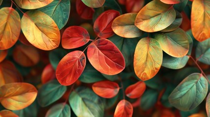 A close-up of bright autumn leaves with a rich pattern of reds, oranges, and greens.