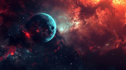 A captivating space scene featuring a blue planet against the backdrop of a swirling red nebula and starfield. - obrazy, fototapety, plakaty