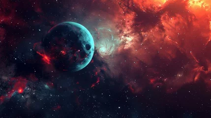 Foto op Aluminium A captivating space scene featuring a blue planet against the backdrop of a swirling red nebula and starfield. © tashechka