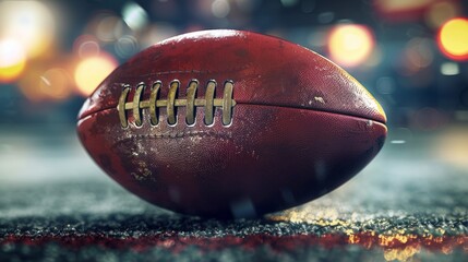 Close-up of an aged and worn American football resting on gritty asphalt with glowing bokeh lights in the background.