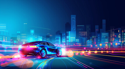 A car is driving down a road in a city at night. The city is lit up with neon lights, creating a vibrant and energetic atmosphere. The car is the main focus of the image, and it is moving quickly - obrazy, fototapety, plakaty