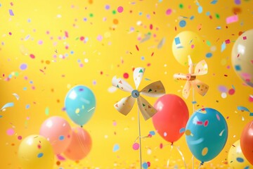 Playful pinwheels spinning in the breeze, surrounded by colorful balloons and confetti, against a sunny yellow background, capturing the carefree joy of a birthday celebration in full swing.