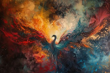 An abstract painting of a phoenix rising embodying renewal - obrazy, fototapety, plakaty