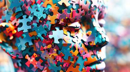 Detailed view of a vibrant puzzle piece forming a part of a human head made of mosaic