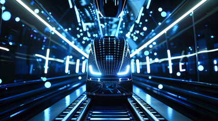 A modern car with a sleek, futuristic design gracefully drives through a tunnel filled with colorful, bright lights