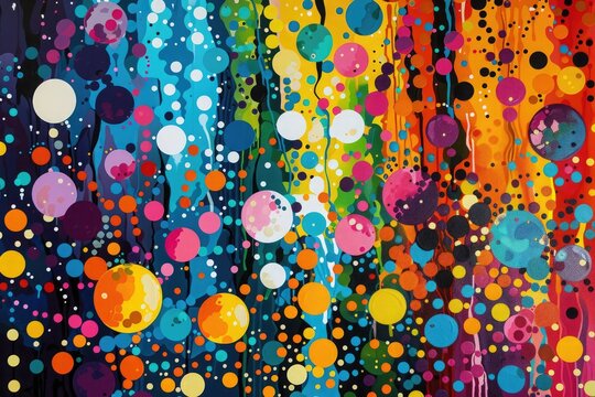 Playful dots and dashes dance across the canvas, creating a whimsical tableau of vibrant energy and movement.